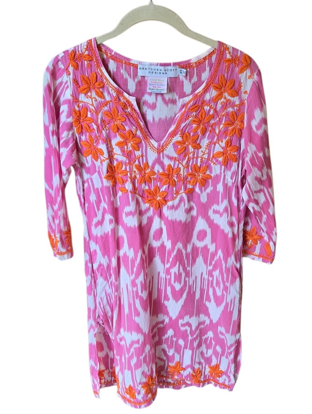 Gretchen Scott Designs Pink  White Ikat Print ResorTunic Dress with Pockets XS